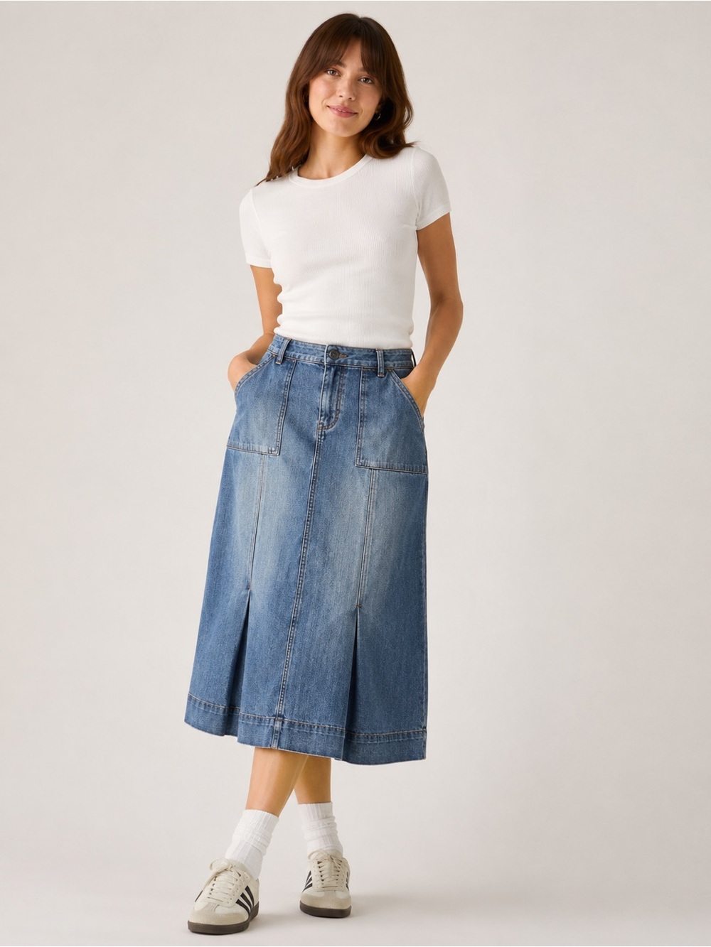 French Cuff Denim Midi Skirt Womens Size 8 Blue A-Line Pocketed 100% Cotton